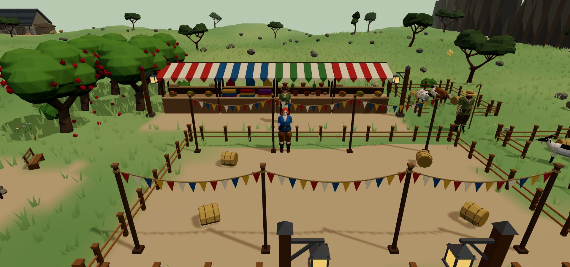 Striped stalls, bunting and a drover with his livestock at Bramble Fair Green