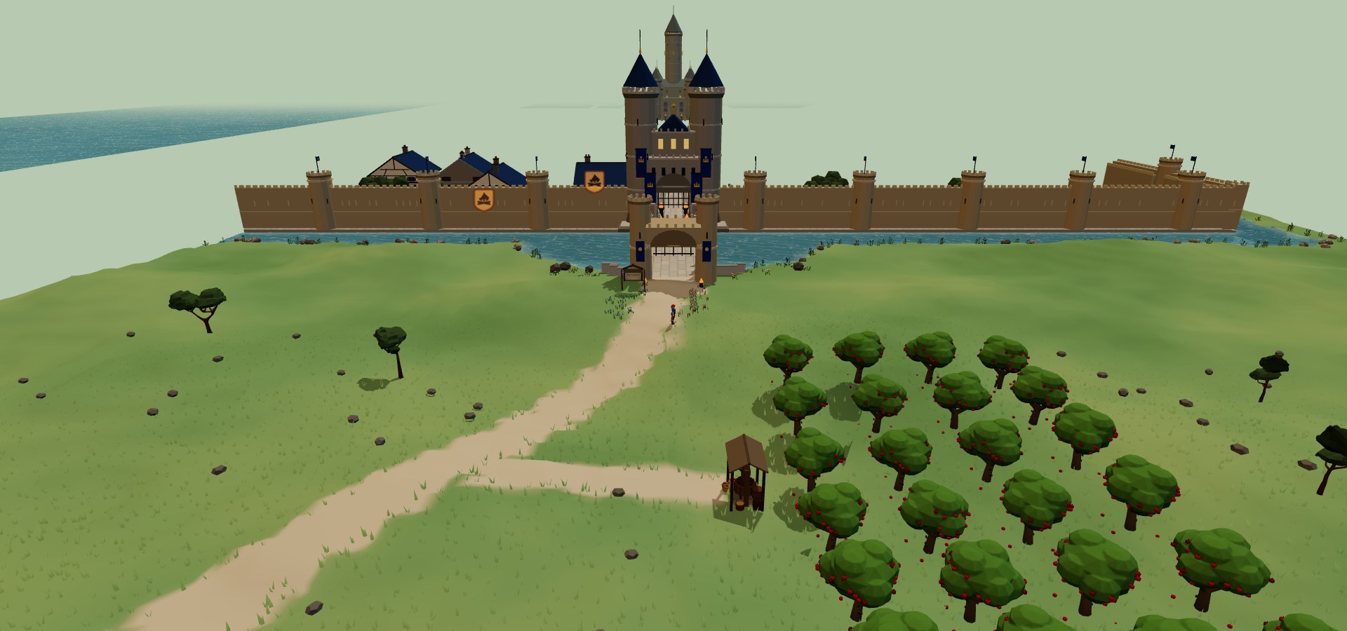 A dirt road and an apple orchard lead to the Capital's Great Gate, walls and moat