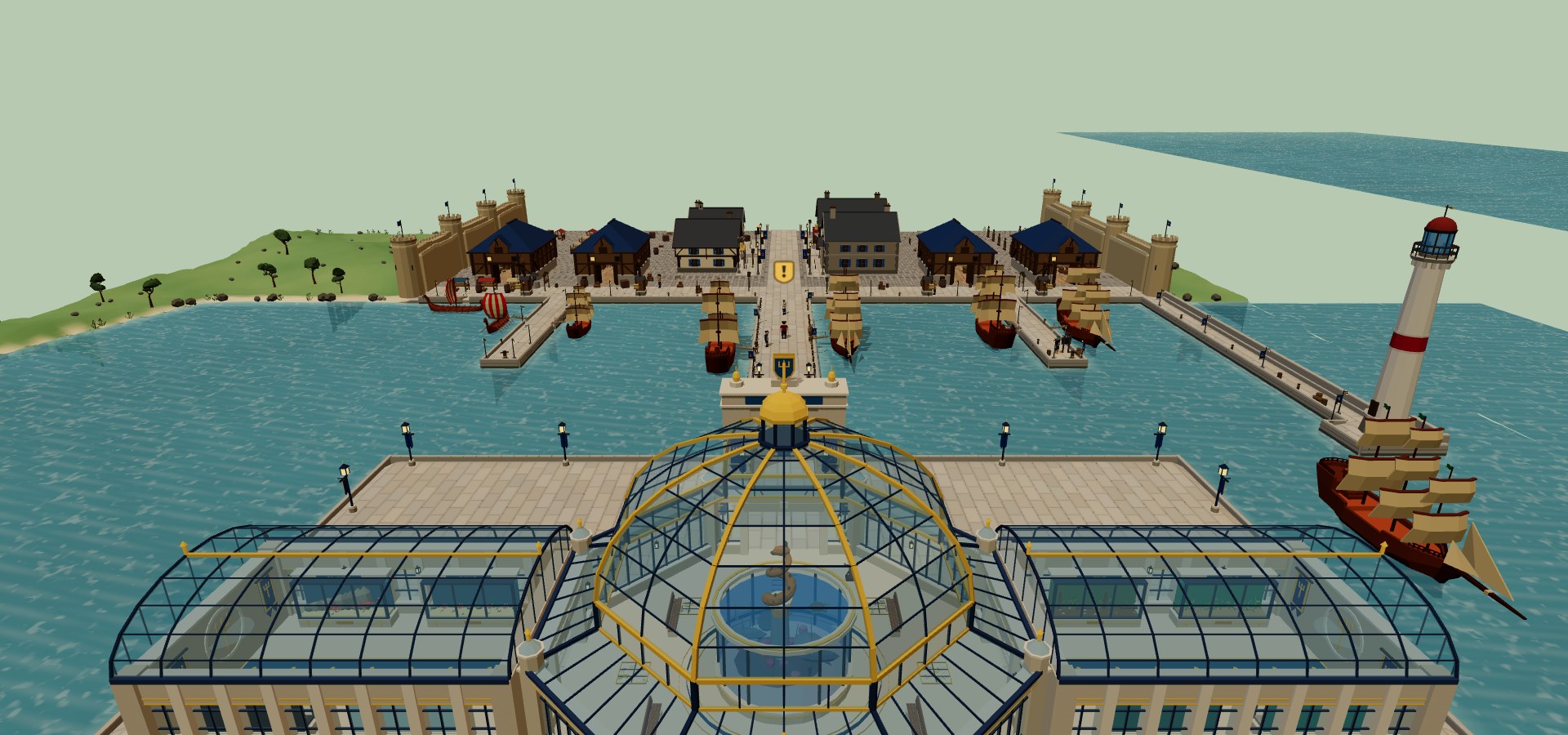 The Great Aquarium's glass dome on the Capital's harbour, with ships, a lighthouse and quays beyond