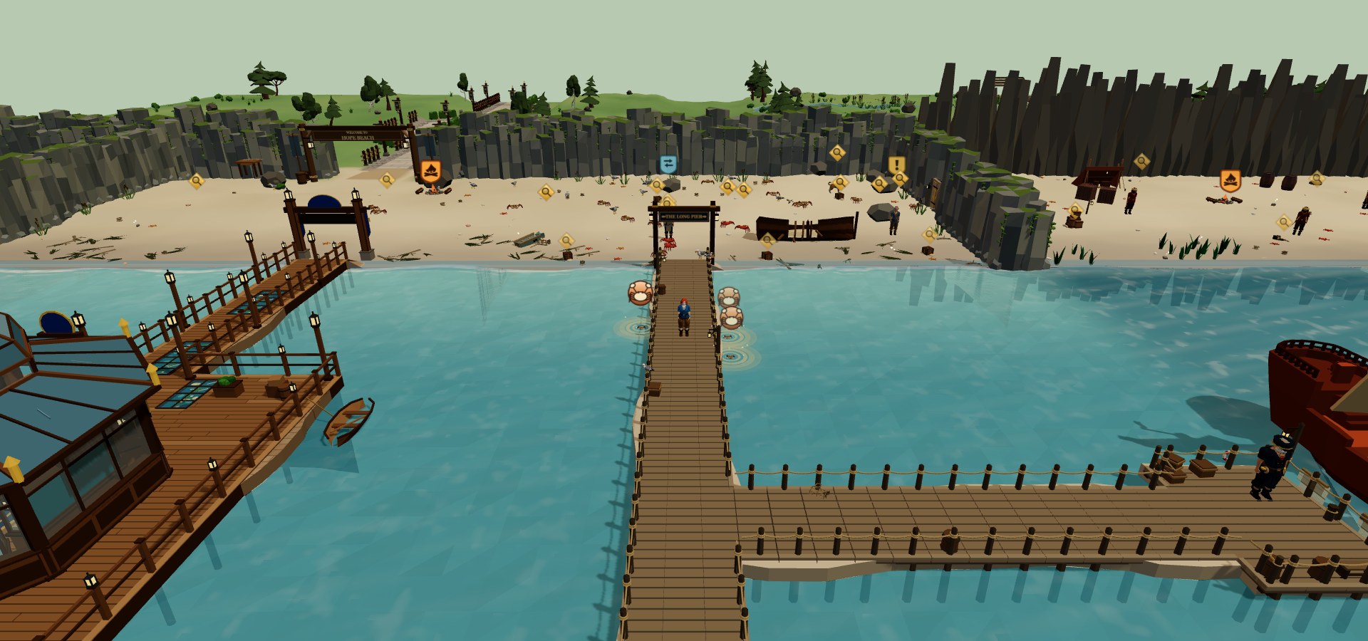 The Long Pier runs out from Hope Beach past the Great Aquarium, with a ship moored at the far end