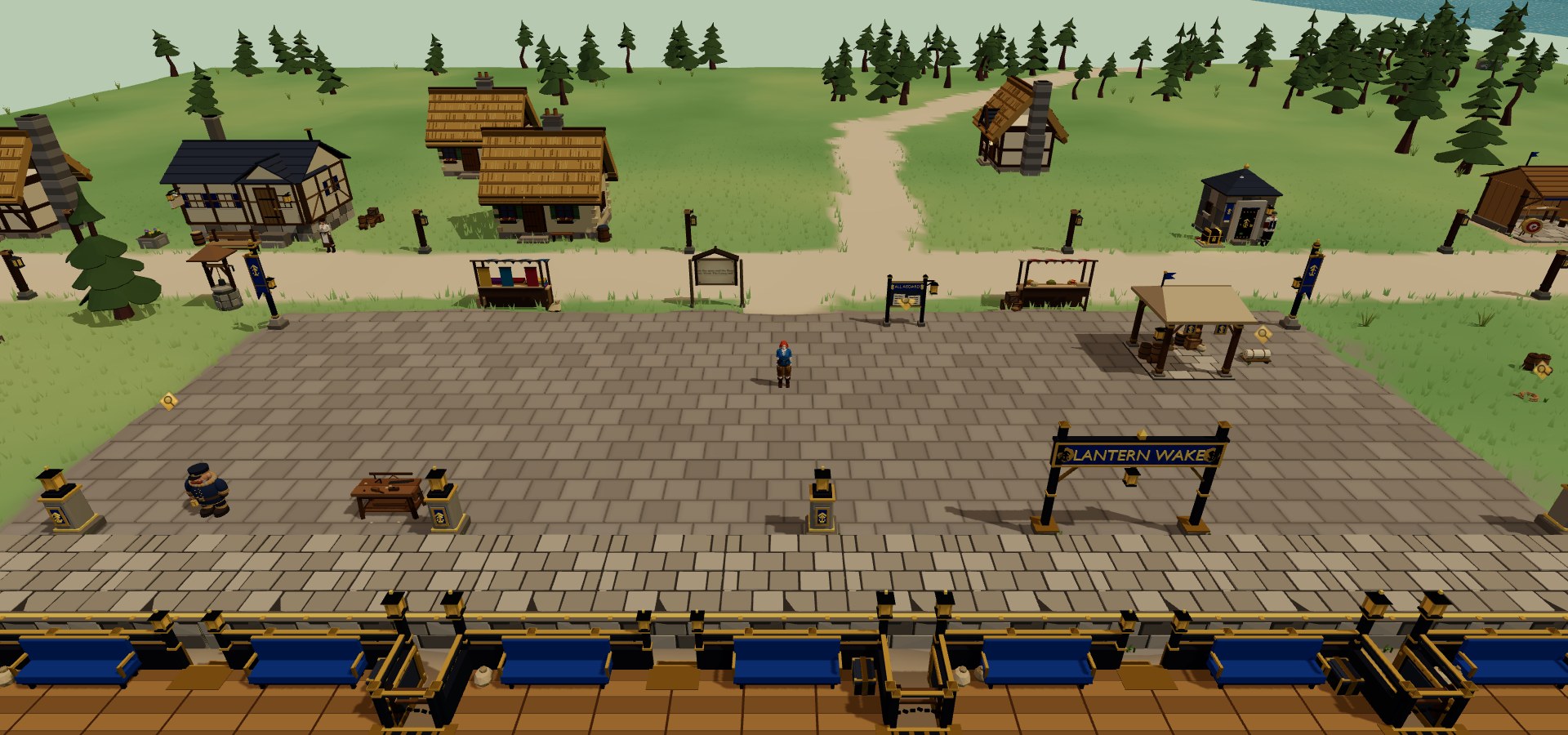 The platform edge at Lantern Wake looks over a paved square with market stalls, a notice board and cottages