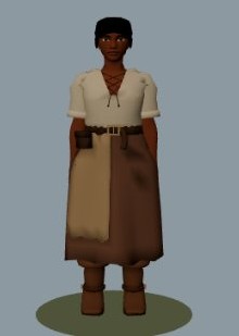 A female starting character with dark hair, a cream blouse and brown skirt